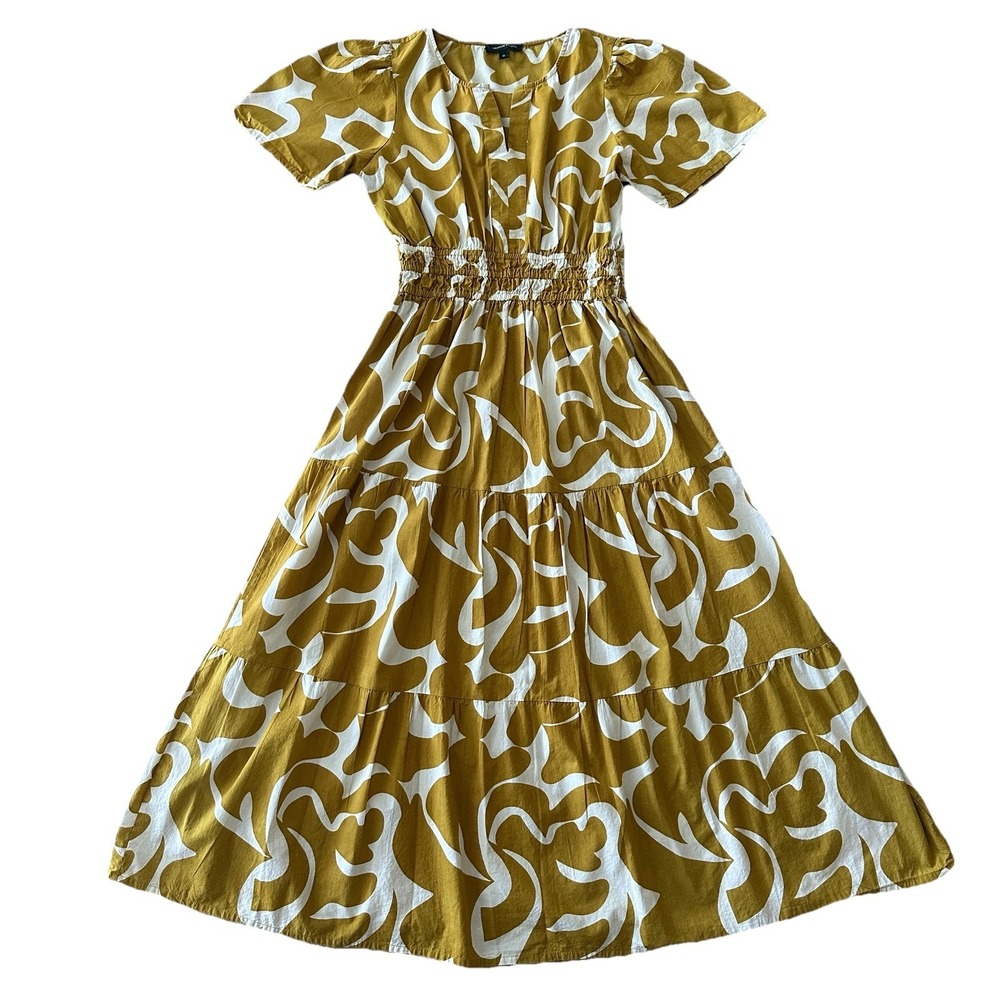 Meadow Rhodes Midi Dress Women's Small Short Sleeve Mustard White‎ Abstract
